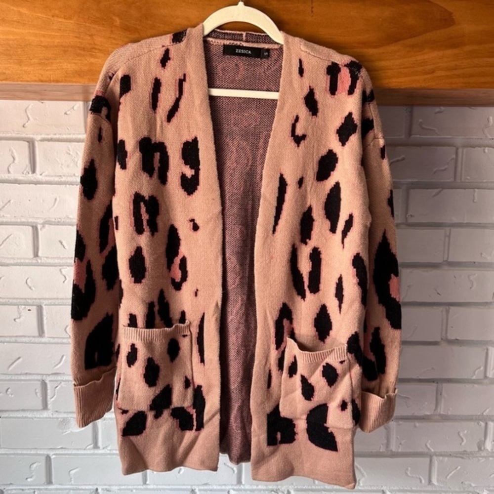 Open Front Leopard Print Knitted Sweater Cardigan, Tan, Size Small S NWOT